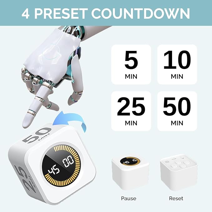 KADAMS Pomodoro Cube Timer Productivity Visual Timer - 5/10/25/50 Min Rotating Countdown (2 Pack Black & White)