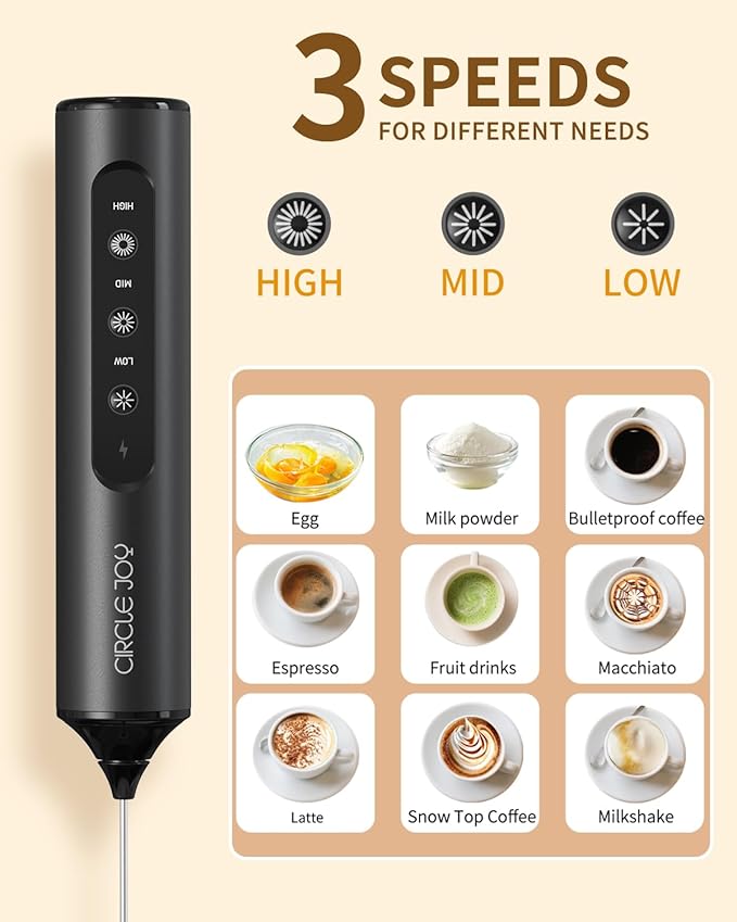 CIRCLE JOY Rechargeable Handheld Milk Frother Wand with 3 Variable Speeds, 3 Whisks and Storage Box, Electric Drink Mixer for Latte, Cappuccino, Hot Chocolate, Eggs and Protein Powder, Black
