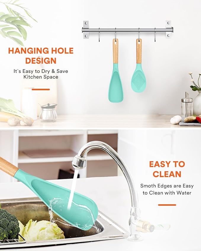 Cooking Spoon and Rice Scooper for Nonstick Cookware,Multi-function | Great for Cooking and Serving, Sturdy BPA-Free Matte Silicone, Wood Handle Spoon for Mixing, Scoop, and Scrape,9.3"+14.3"