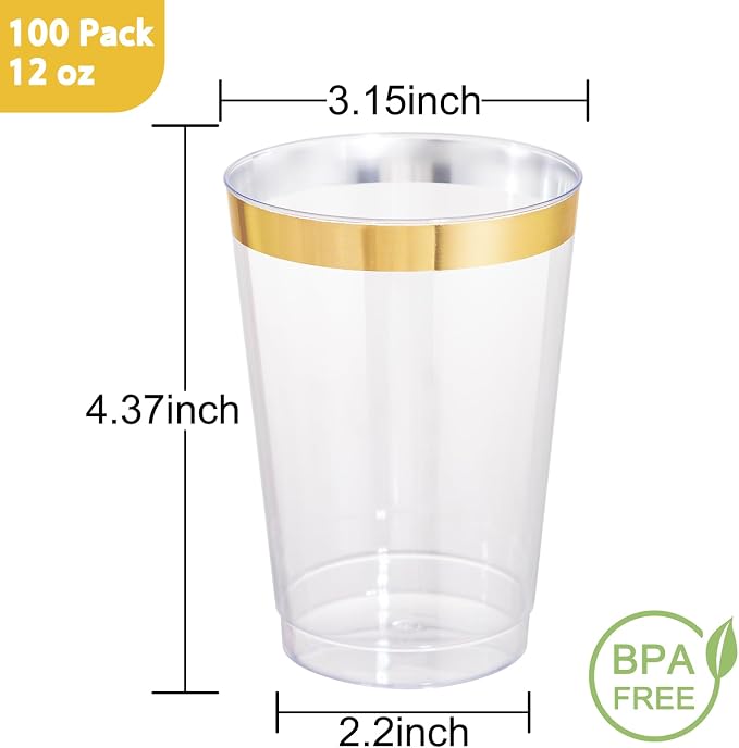IOOOOO 100 Pack 12 oz Gold Plastic Cups, Gold Rimmed Disposable Cups, Disposable Wine Glasses Cocktail Glasses Premium Cup with Golden Rim, 12 Ounce Plastic Tumblers for Party & Wedding