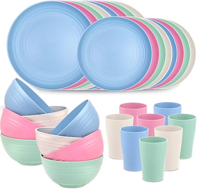 32-Piece Pink Blue Green Beige Wheat Straw Dinnerware Set | Premium reusable plastic plates bowls cups set for wedding party and rv camping, stackable design for easy storage.