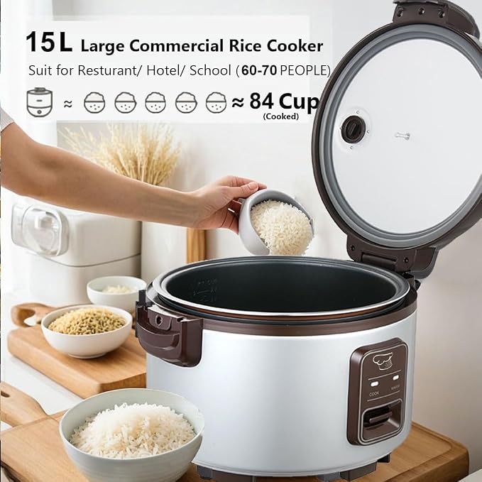 15.8QT Large Commercial rice cooker & warmer 84 cups cooked rice, One-Touch | Commercial Electiric Rice Warmer for 60-70 people, 32 cups uncooked rice, Non-stick mat, Non-stick inner pot, Auto Keep Warm
