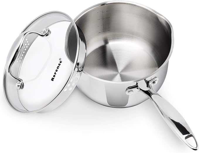 Rorence 2.5 Quart Stainless Steel Sauce pan with Lid | Cooking Pot with Pour Spouts, Capsule Bottom & Tempered Glass Lid