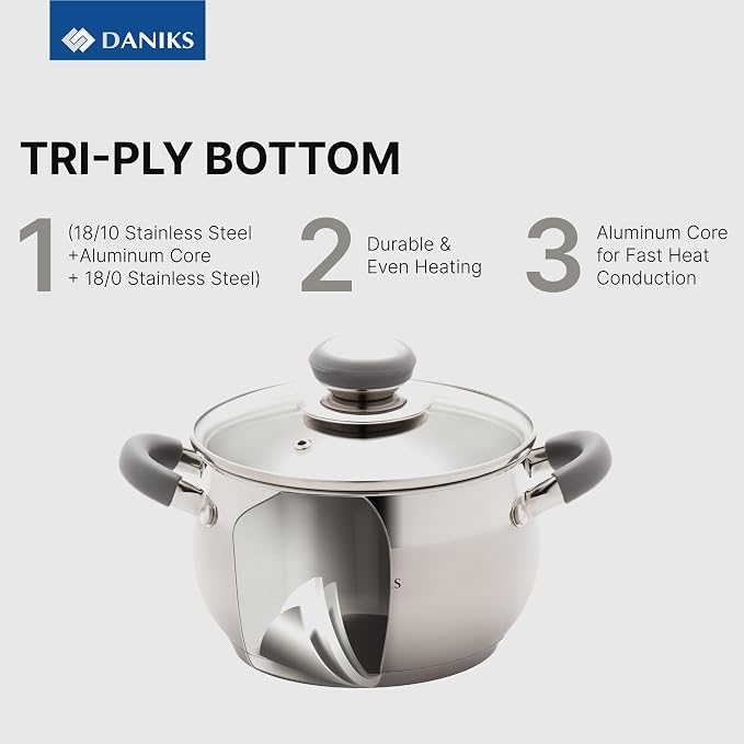Daniks Modern 11-Piece Stainless Steel Cookware Set with Glass Lids, Includes Saucepan and Frying Pan with Lid, Tri-Ply Bases for Even Heating, Induction Compatible, Dishwasher Safe, Heatproof Handles