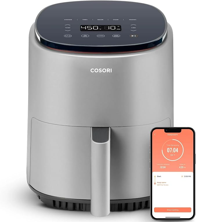 Cosori Air Fryer 4 Qt, 7 Cooking Functions Airfryer, 150+ Recipes on Free App, 97% less fat Freidora de Aire, Dishwasher-safe, Designed for 1-3 People, Lite 4.0-Quart, Smart, Light Gray