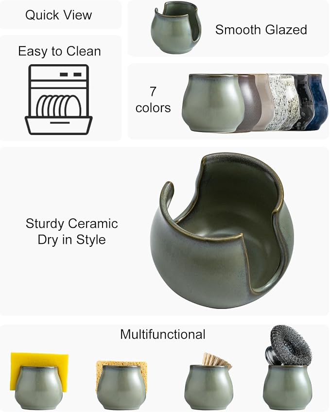 Zoeeker Sponge Holder for Kitchen Sink, Ceramic Dish Sponge Caddy Drying Rack Farmhouse Brush Holder Scrubby Organizer for Bathroom, Kitchen, Dark Green