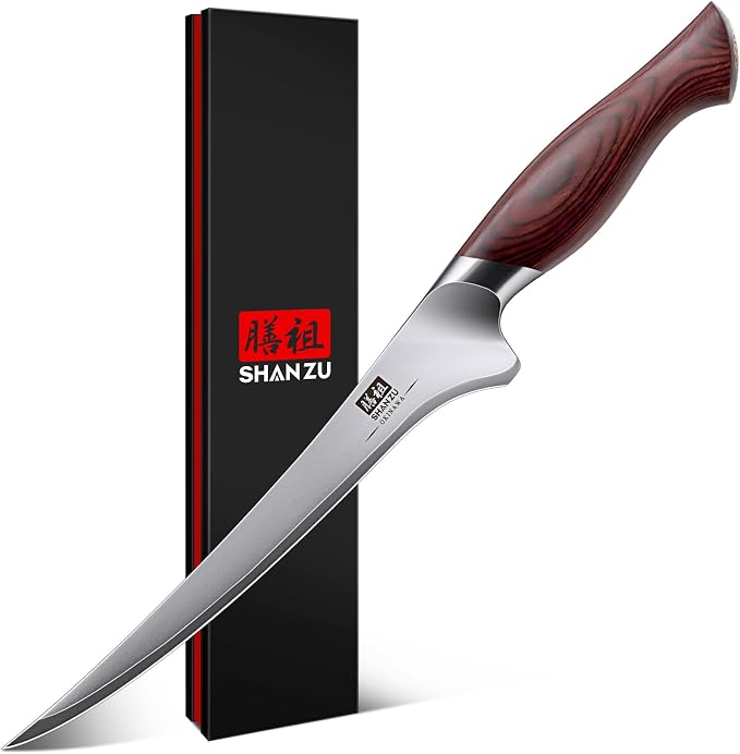 SHAN ZU Fillet Knife 7 In, Razor Sharp Boning Knife for Meat | Japanese 10Cr15Mov High Carbon Steel Fish knife, Professional Kitchen with Flexible Blade and Ergonomic Pakkawood Handle