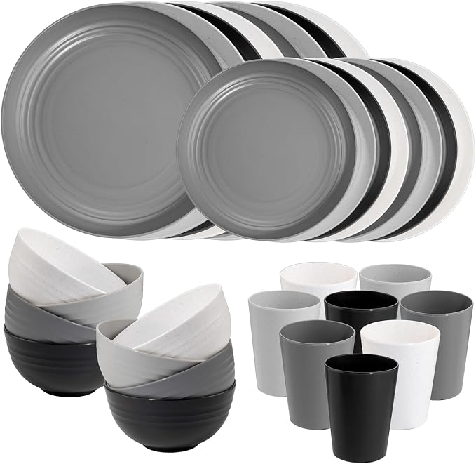 32pcs Multicolor Reusable Wheat Straw Dinnerware Sets for 8 | Include Plastic Plates,Bowls,and Cups Set,Durable Lightweight Unbreakable Dish Set for RV,Camping,Party,and Daily Home Use