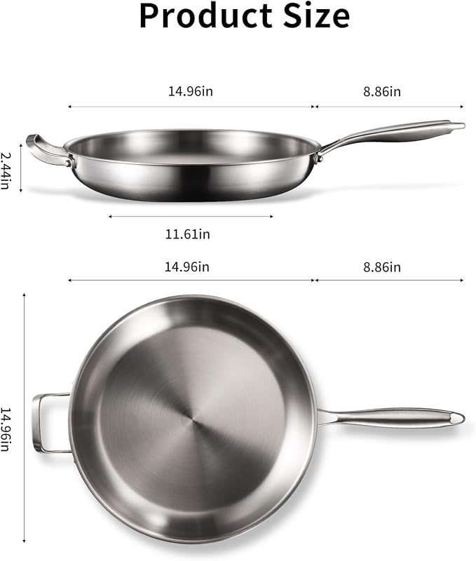 DELARLO Tri-Ply Stainless Steel Pan,18/10, 14.2" | Nontoxic Durable Oven Safe 800℉ All Cooktops Compatible Fast Even Heat PFOA Free Large Frying Pan Nontoxic Cookware