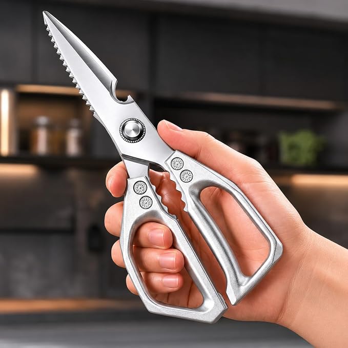 Kitchen Scissors Heavy Duty, Multi-Purpose Kitchen Shears, Dishwasher Safe Food Scissors for Chicken, Poultry, Fish, Meat & Herbs, Stainless Steel Kitchen Shears with Non-Slip Grip - Silver