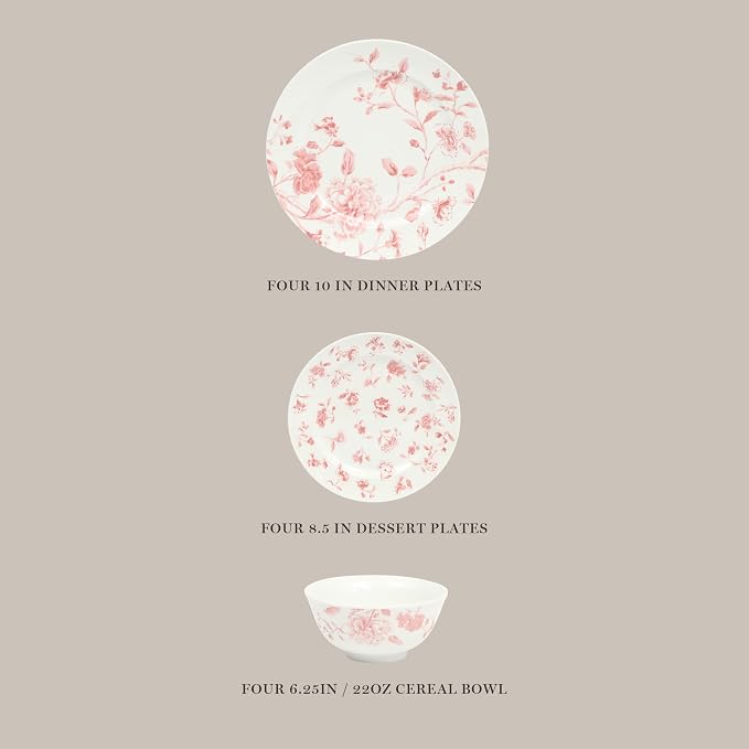 Martha Stewart Empress Bouquet 12-Piece Decorated Porcelain Chip and Scratch Resistant Dinnerware Plates and Bowls Set - Pink Floral