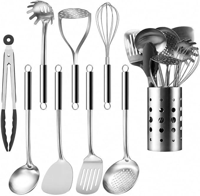 Pleafind Cooking Utensils Set - 9 PCS Stainless Steel Kitchen Utensils Set with Utensil Holder, Heat Resistant Wok Utensils Set, Kitchen Tools Set with Spatula, Ladle, Slotted Spoon, Dishwasher Safe