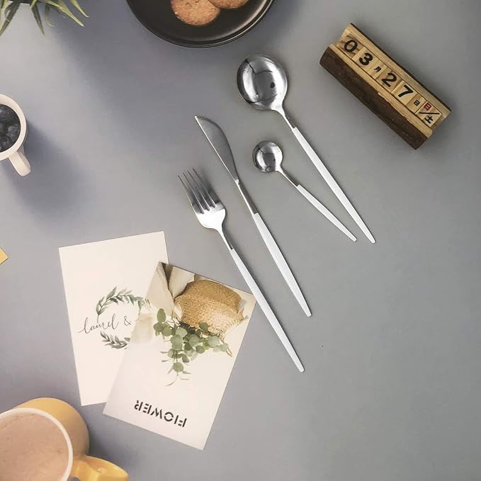 Silver Silverware Set, 24-Piece Stainless Steel Flatware Set Service For 6, Mirror Polished White Handle Tableware Cutlery Set Knife Fork And Spoon For Home & Restaurant, Dishwasher Safe