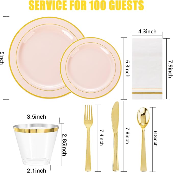 GATHER 700PCS Pink Plastic Plates 100 Guest with Gold Rim for Wedding Party | Pink Disposable Plastic Dinnerware Set include 200 Pink Plates, 300 Silverware, 100 Napkins, 100 Cups for Baby Shower