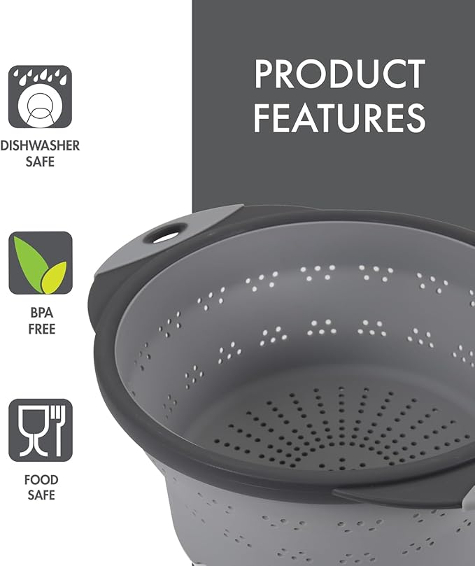 Dexas 10" Collapsible Silicone Colander in Cool Grey, Kitchen Strainer with Handles, 15.1 Cup Capacity | BPA-Free, Heat-Resistant, Space-Saving Kitchen Tool