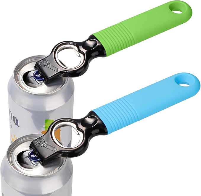 2-in-1 Soda Can Tab & Beer Bottle Opener, Blue & Green, 2-Pack | Easy pull tab opener with soft silicone handle protects nails & arthritic hands. Great for bars, picnics, and outdoor events