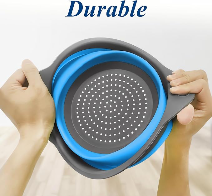 Collapsible Colander Set of 3, Space-Saving Foldable Strainer for Kitchen | 3 Sizes Food Strainer for Draining Pasta, Vegetable and Fruit, Kitchen Gadgets for Home Use and Outdoor Camping (Blue)