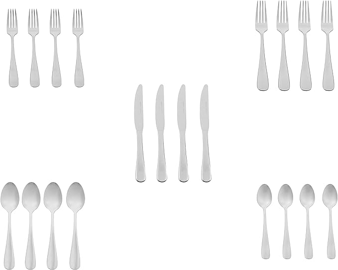 Amazon Basics Silverware Set, Stainless Steel Flatware, Dishwasher Safe, Service for 4, 20-Piece Forks and Spoons, Round Edge, Everyday Use (Pack of 2)