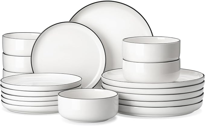 MALACASA 18 Pcs Porcelain Plates and Bowls Sets,Dinnerware Set for 6,White | Modern Ceramic Dishware Set,Kitchen Dining Ware,Microwave and Dishwasher Safe,Simple White with Black Trim Design,Series LUNA