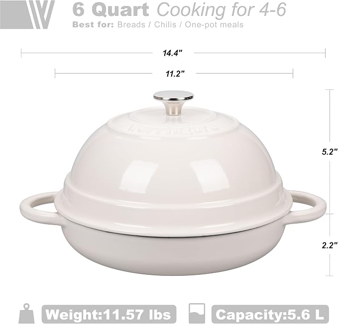 Cast Iron Enameled Dutch Oven Pot with Lid for Bread Baking, Bread Oven, 6 Quart, White