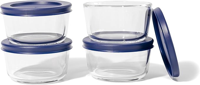8-Piece Glass Food Storage Containers Set (4 Containers + 4 BPA-Free Lids) | 7-Ounce, Leakproof | Microwave, Freezer, Oven & Dishwasher Safe | Ideal for Meal Prep & Pantry Organization, Blue