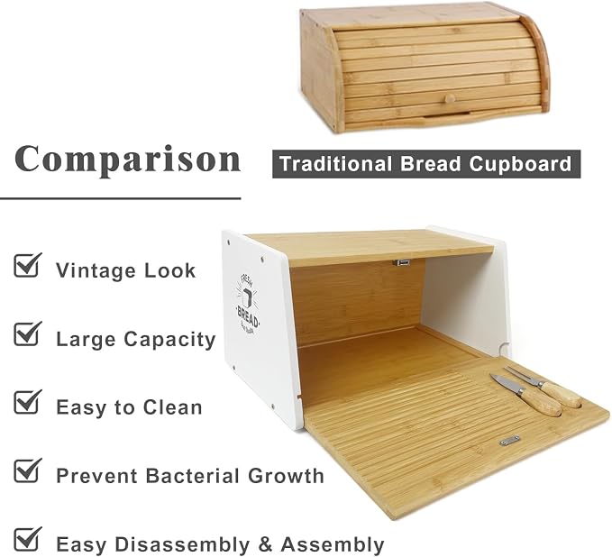 MinBoo Bamboo Bread Box for Kitchen Countertop with Cutting Board & Knife, Bread Storage Container Bin, Bread Container for Homemade Bread Wooden Bread Storage Capacity