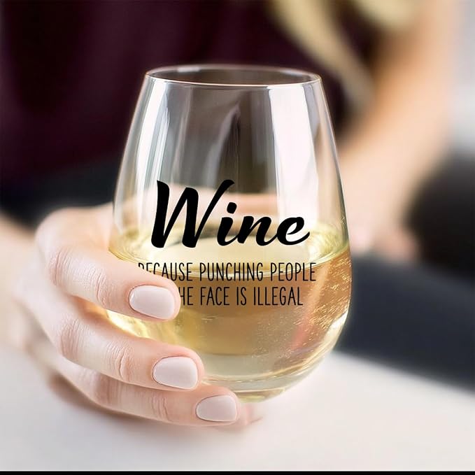 Wine Because Punching People in the Face is Illegal - Funny 15oz Stemless Wine Glass - Novelty Gifts for Women, Men, Mom, Sister, Friend, Coworker, Boss, Aunt - Unique Birthday, Christmas