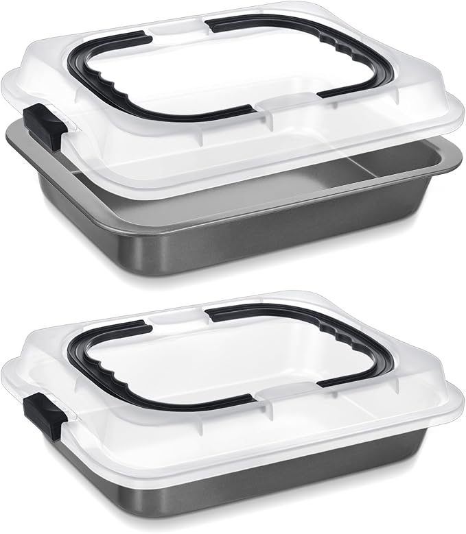 Qinyoung 2 Pcs Black Gray Cake Pan with Lid and Handle, 9 X 13 Inch | Non-stick, Rectangle Sheet Cake Pan, Covered Carrier, Brownie Roasting, Cooking, Baking