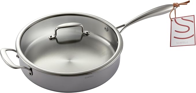 12 Inch/ 4.5 QT 5-Ply Stainless Steel Saute Pan with Glass Lid | Compatible with All Cooktops, Oven Safe 800F, Dishwasher Safe, PTFE, PFAS and PFOA Free