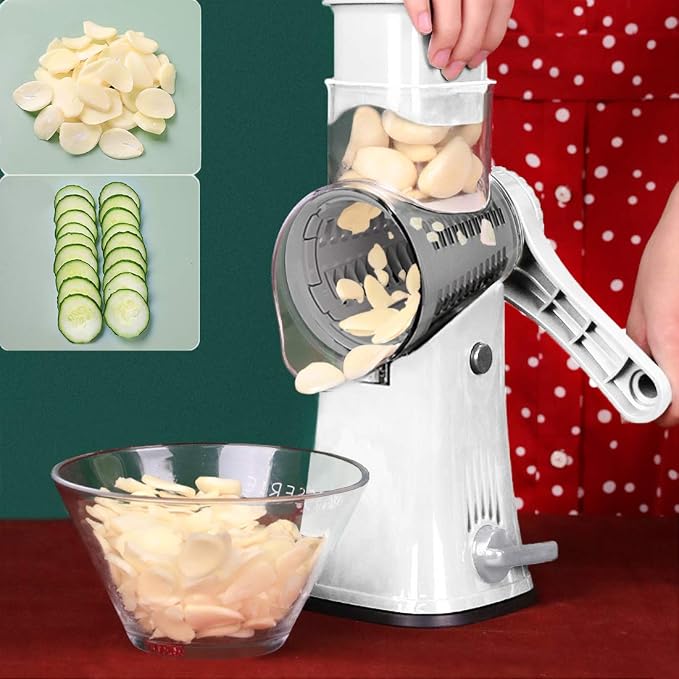 Hand Crank Rotary Cheese Grater Vegetable Shredder Slicer with 5 Blades | Strong sunction base, 5 interchangable sharp drum blades meet various cooking needs, shred block of cheese in seconds