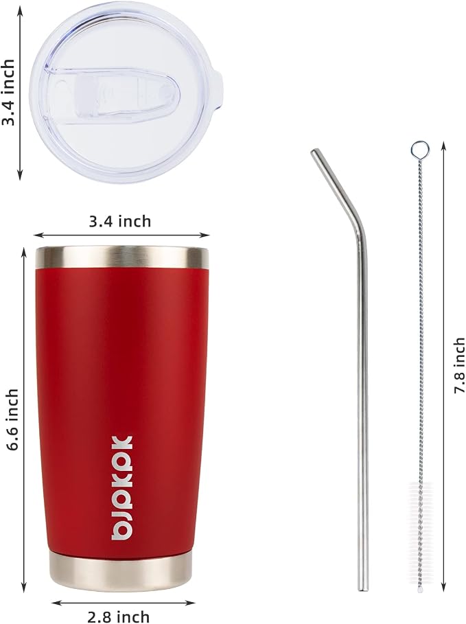 BJPKPK 20 oz Coffee Tumbler with Lid, Straw, Insulated Stainless Steel Mug | Double Wall Vacuum, Keeps Hot/Cold, BPA Free, Leak Proof, Iced Coffee Cup Fit Car Holder, Travel & Beach Ready, Red