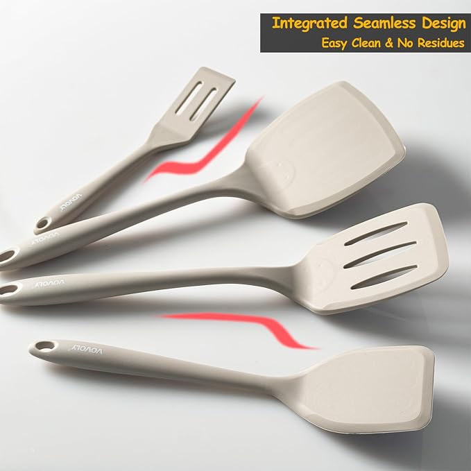 Silicone Spatula Set, 600°F Heat Resistant Silicone Spatula Turner Flipper for Cooking, Non Stick and Non Scratch Kitchen Utensils for Eggs & Pancakes, 4 Pack,Khaki