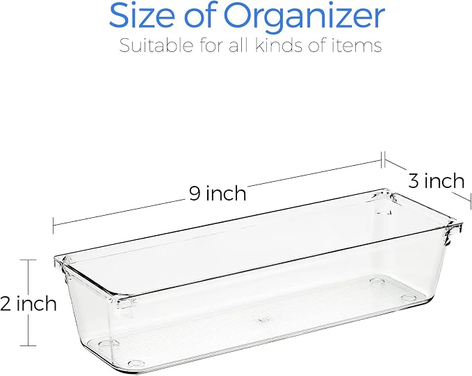 Ravinte 6 Pack Drawer Organizer, 3" x 9" Plastic Storage Bins | Acrylic Tray Design, Non-Slip Pads, For Makeup, Jewelry, Kitchen Utensils, Bathroom, Office Storage