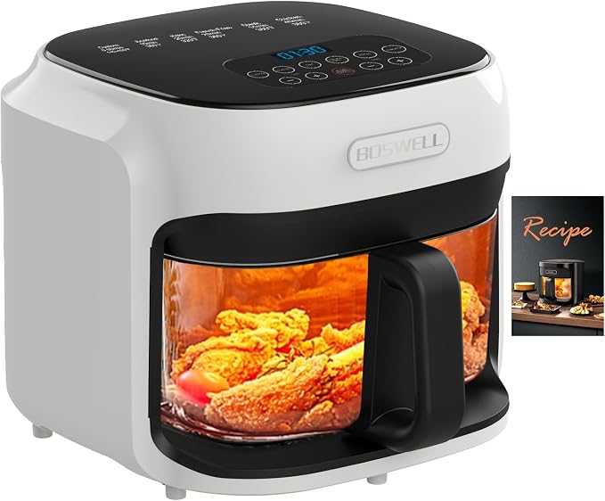 BOSWELL 7.5 QT Large Glass Air Fryer, 6-1 Preset Cook Modes | Transparent Fry Bowl, White, Circulating Heating & Temperature Control, Steak, Fries, Bake,Chicken, Dishwasher Safe