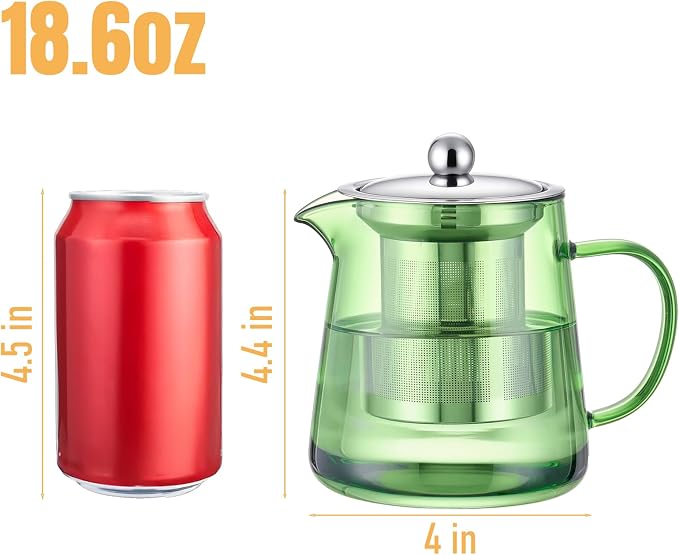 PARACITY Tea Kettle with Infuser, Glass Teapot Stovetop, 18.6 fl oz, 550 ml | (Green) Clear-glass tea maker with removable 18/8 steel infuser for blooming or loose leaf tea; made of borosilicate glass