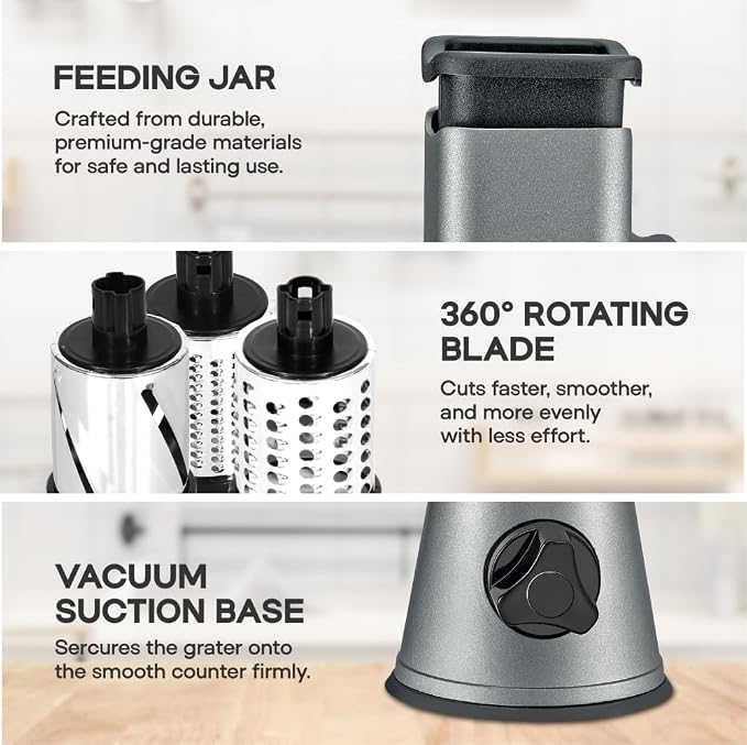 cheese grater hand crank manual, cheese shredder, High Grade steel housing-Vegetable Slicer salad shooter & vegetable shredder Rotary Grater Slicer for, Nuts, with 3 Interchangeable Blades