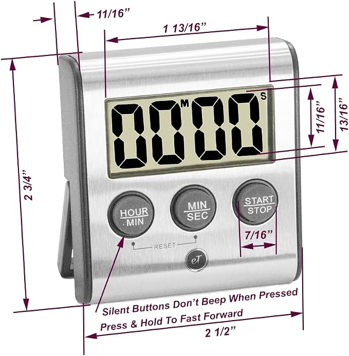 Elegant Digital Kitchen Timer Stainless Steel - Loud Alarm - Model eT-78