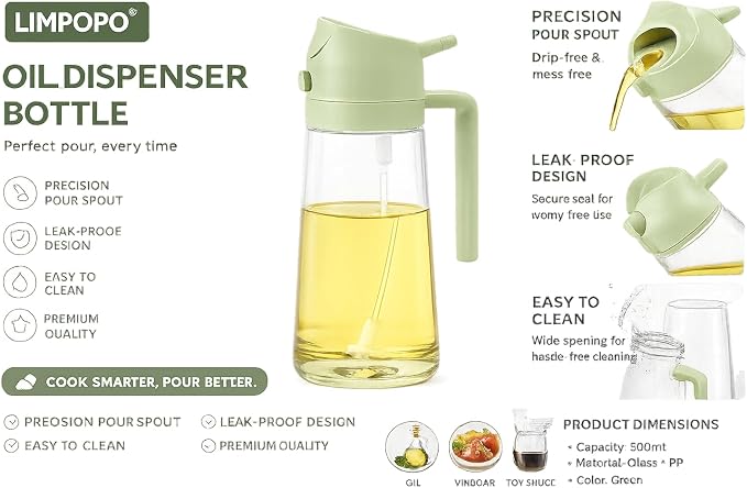 LIMPOPO Oil Sprayer for Cooking 16oz/470ml, Glass Olive Oil Dispenser Bottle, 2-in-1 Spray Mist & Stream Container for Air Fryer, Salad, BBQ, Baking & Grilling (Green)