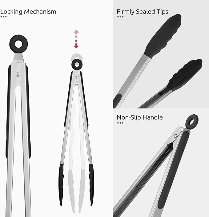 U-Taste Kitchen Tong for Cooking, 600ºF Heat-Resistant Silicone, 12in/Black | Large Tongs for Serving Food, Big Rubber Tong for Grill/BBQ, Silicon Tips & 18/8 Stainless Steel Handle, Smooth Locking