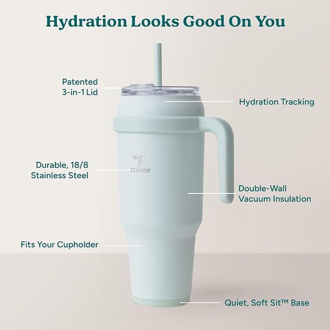 Reduce 50 oz Stainless Steel Tumbler with Handle - Dual-Wall Vacuum Insulated Travel Mug, Sweat-Proof Lid & Reusable Straw - Keeps Drinks Cold for 24 Hrs, Fits Cupholders, Dishwasher Safe - Crisp Mint