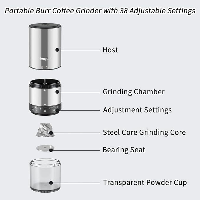 Mongdio Portable Electric Coffee Bean Grinder with 38 Adjustable Settings, Electric Burr Coffee Grinder Stainless Steel Core, For Traveling, Camping, Office, Silver