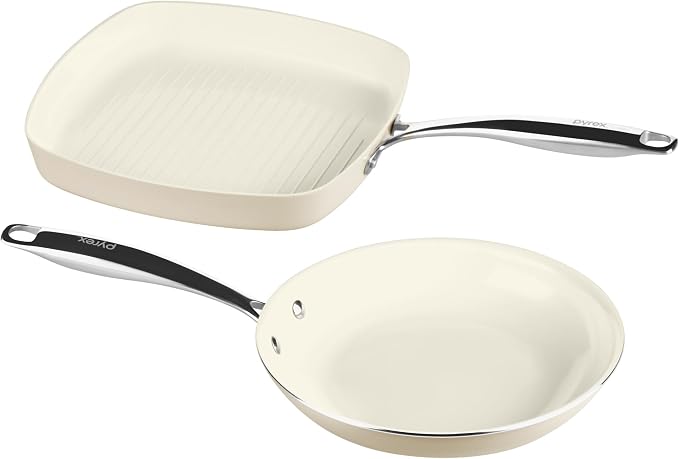 Pyrex 2-Piece Ceramic Cookware Grill & Fry Pan Set, Stainless Steel Handles | Healthy nonstick ceramic coating, induction compatible stainless steel, PFAS Lead Cadmium BPA Free