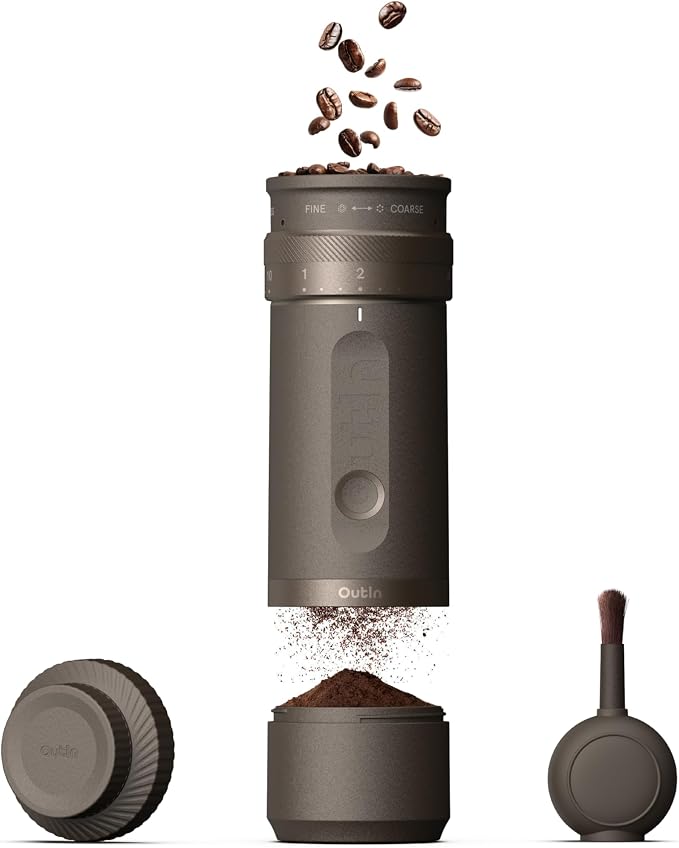 OutIn Fino Portable Electric Coffee Grinder with 28 Precise Grind Settings | Adjustable Coffee Bean Grinder, One-Touch Burr Grinding, Fast-Charge Battery, Auto-Stop & Clog Protection, Tundra Brown