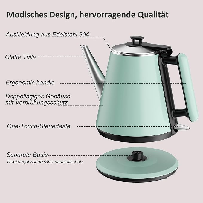 Small Gooseneck Electric Kettle 0.9L, 1000W, Pour Over, Green | 304 Stainless Steel BPA Free, Fast Boiling, Vintage Design, Auto Shut-Off, Dry Boil Protection, For Dorm Office Tea Coffee