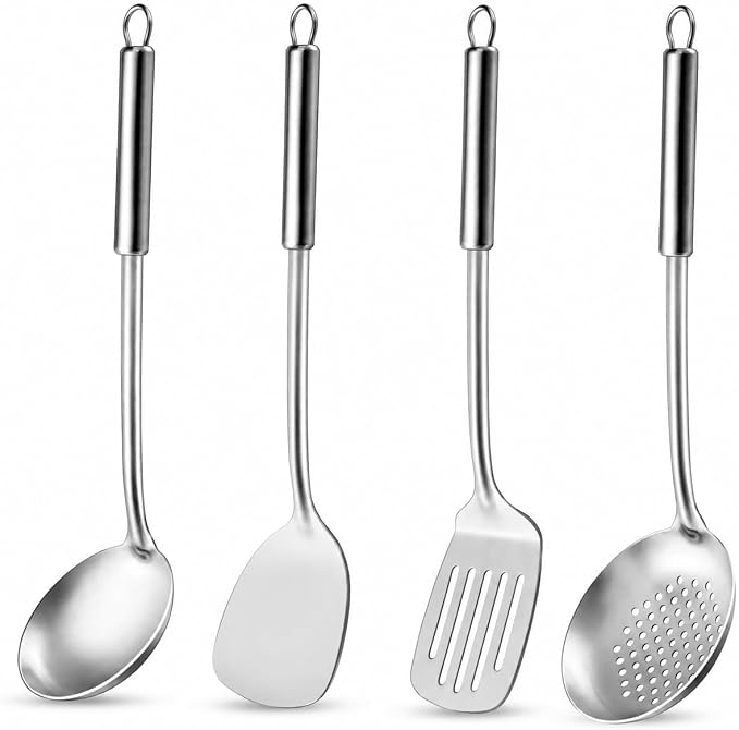 Pleafind Cooking Utensils Set - 4 Pcs Stainless Steel Kitchen Utensils Set with Solid Turner, Slotted Turner, Serving Ladle, Slotted Spoon, Wok Utensils Set with Heat Resistant Handle, Dishwasher Safe