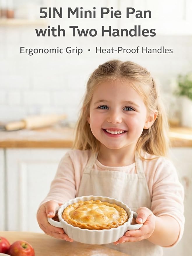 5in Ceramic Mini Pie Pan Set of 6 with Handles for Pie Quiche Tart. Easy to grip, Lead-Free. 8 oz Ramekins Dish for Creme Brulee, Soufflés; Gifts for Baking Enthusiast. Oven Dishwasher Safe