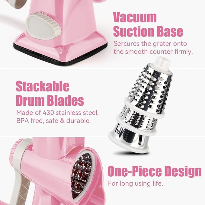 Rotary Cheese Grater Hand Crank Pink - Shredder Slicer Grinder 3 Stainless Steel Blades, Stable Suction, Labor-Saving Handle, Safe Kitchen Tool for Cheese, Vegetable, Nuts, Chocolate
