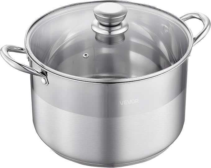 VEVOR Stainless Steel Stock Pot, 12QT Stainless Steel Stockpot with Glass Lid, PFOA-Free, PFAS-Free, Compatible with Gas Stoves, Induction Cooktops, Electric Stoves, for Soups, Stews, and Pasta
