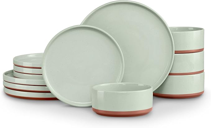 LIANYU 12 Piece Dinnerware Set for 4, Modern Style Stoneware Dinnerware Set | Scratch Resistant, Dishwasher Safe Bowl and Plate Sets, Ceramic Dish Dinner Set, Laurel Green