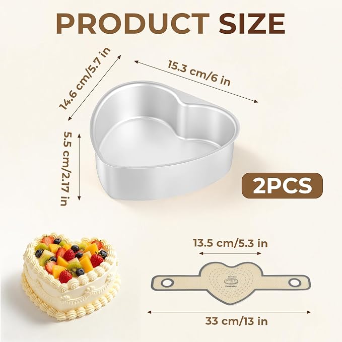 6 Inch Heart Shaped Cake Pan Set with Reusable Silicone Baking Mat（2 Pack） | Aluminum Heart Cake Mold with Silicone Sling, Nonstick, Heat Resistant, Easy to Clean & Release, for Kitchen Birthday Wedding